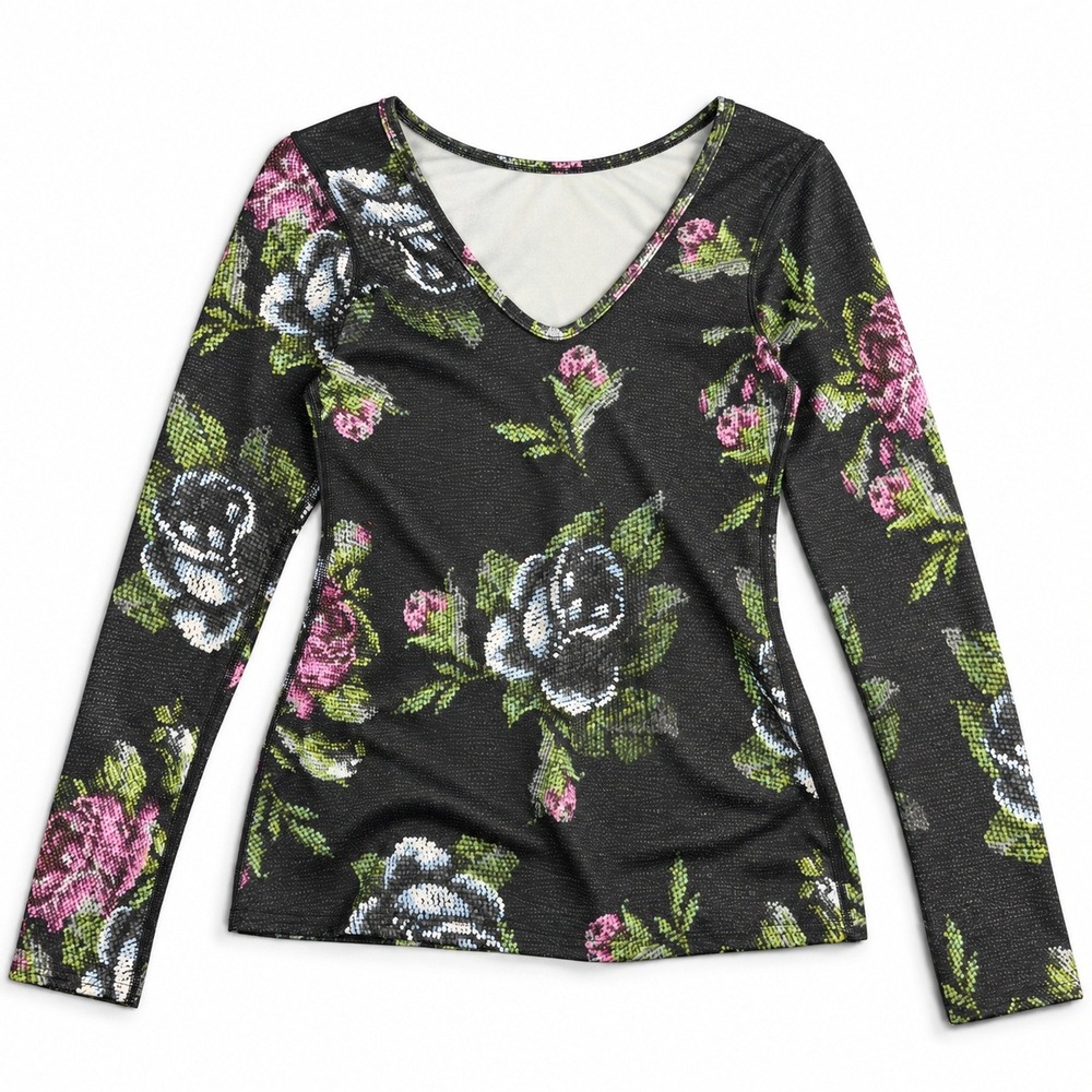 Lululemon Floral Scoop Neck Long Sleeve Top Womens Size 6 Black Pink Yoga